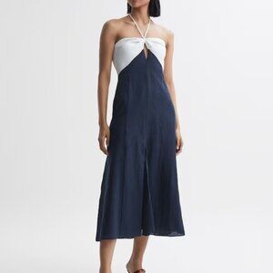 New Sian Linen Colour Block Midi Dress w/ Tag — Navy/White - Size 6 US